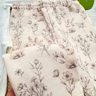 Conj. Body Manga Longa Coelhinha e Calça em Moletinho - Rose e Off White